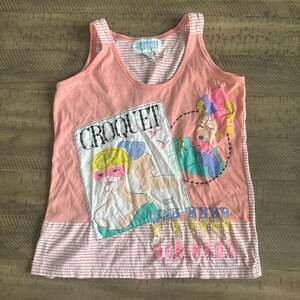 Vintage Croquet Graphic Tank Top, Pink with Rhinestone 'Club' Detail, Size M